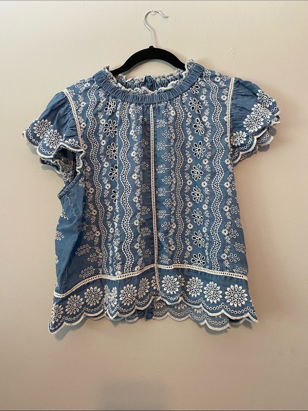 Girls' Blue Eyelet Embroidered Ruffle Top